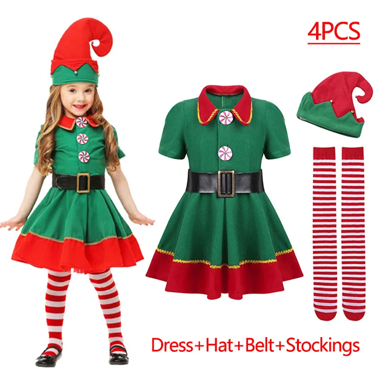 Color: MULTI, Kid Size: 12 - New Year Kids Santa Claus Costume Green Elf Cosplay Christmas Carnival Party Fancy Dress for Girls Boys Red Xmas Clothes Set