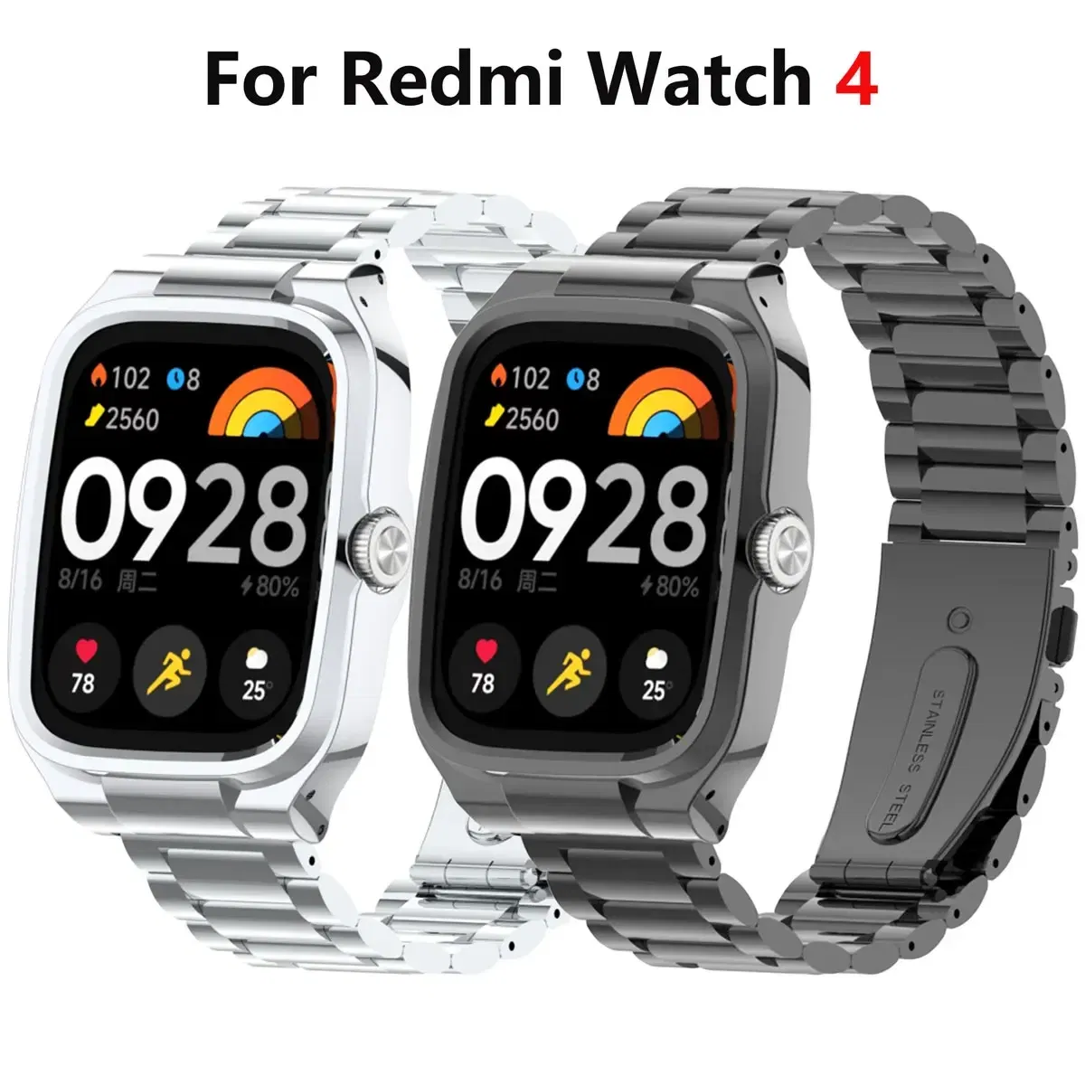 Band Color: Orange, Band Width: 15mm - Suitable for Redmi Watch 4 solid stainless steel three-ball strap, metal protection case strap Redmi Watch 4 replacement strap