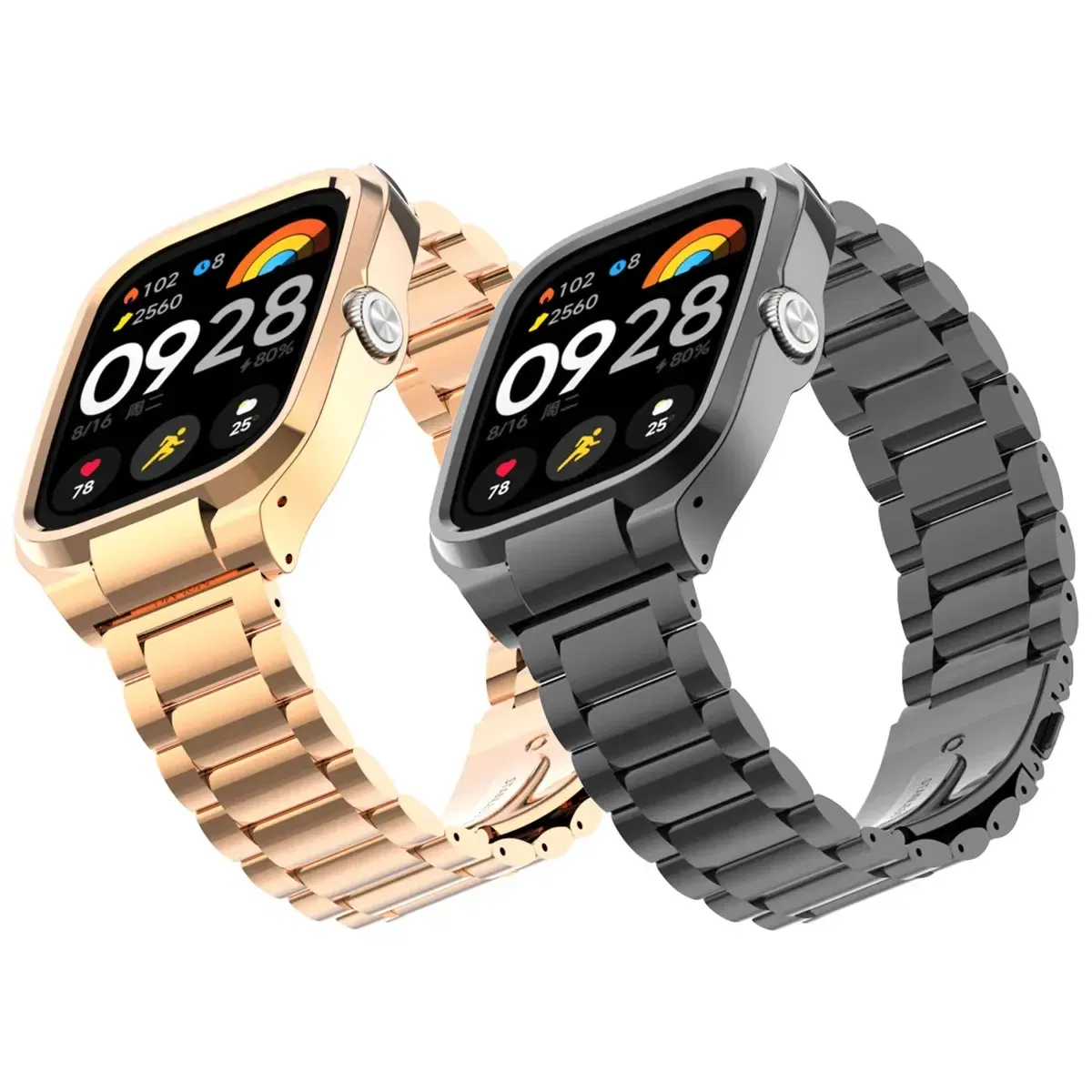 Band Color: Orange, Band Width: 15mm - Suitable for Redmi Watch 4 solid stainless steel three-ball strap, metal protection case strap Redmi Watch 4 replacement strap