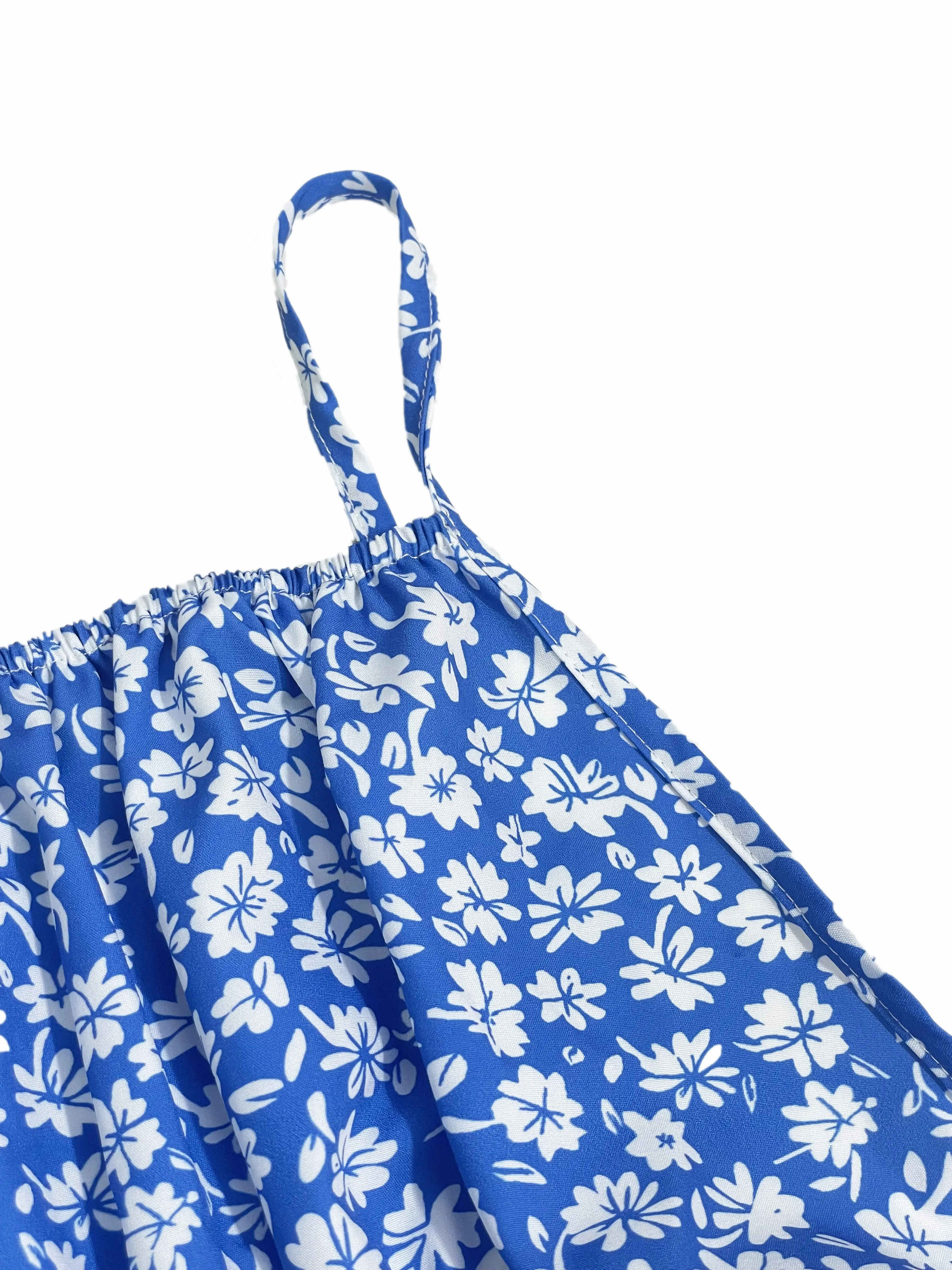 Color: Blue, Size: L - The cami dress with small flower prints a backless design and thin spaghetti straps is suitable for beach vacations and summer