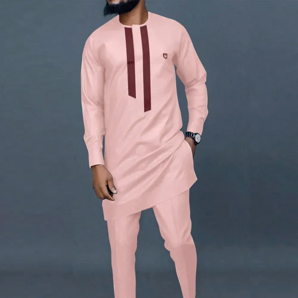 Color: ROYAL BLUE, Size: 4XL - New Kaunda Boutique Men's Set Fashionable Red Luxury Grand Round Neck Embroidery Slim Fit Two Piece Wedding Festival Set