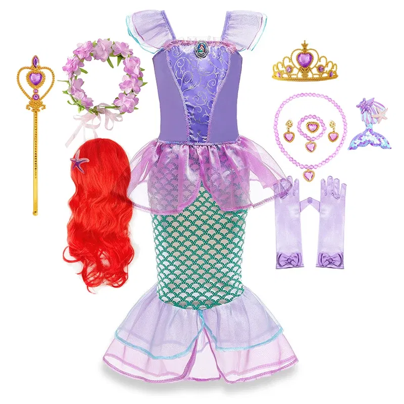 Color: Khaki, Kid Size: 9 - Disney Little Mermaid Ariel Costumes for Girls Princess Dress Cosplay Halloween Carnival Kids Birthday Party Dress Up Clothing
