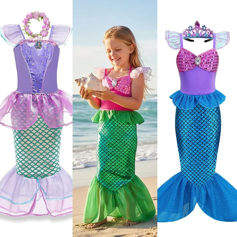 Color: Khaki, Kid Size: 9 - Disney Little Mermaid Ariel Costumes for Girls Princess Dress Cosplay Halloween Carnival Kids Birthday Party Dress Up Clothing