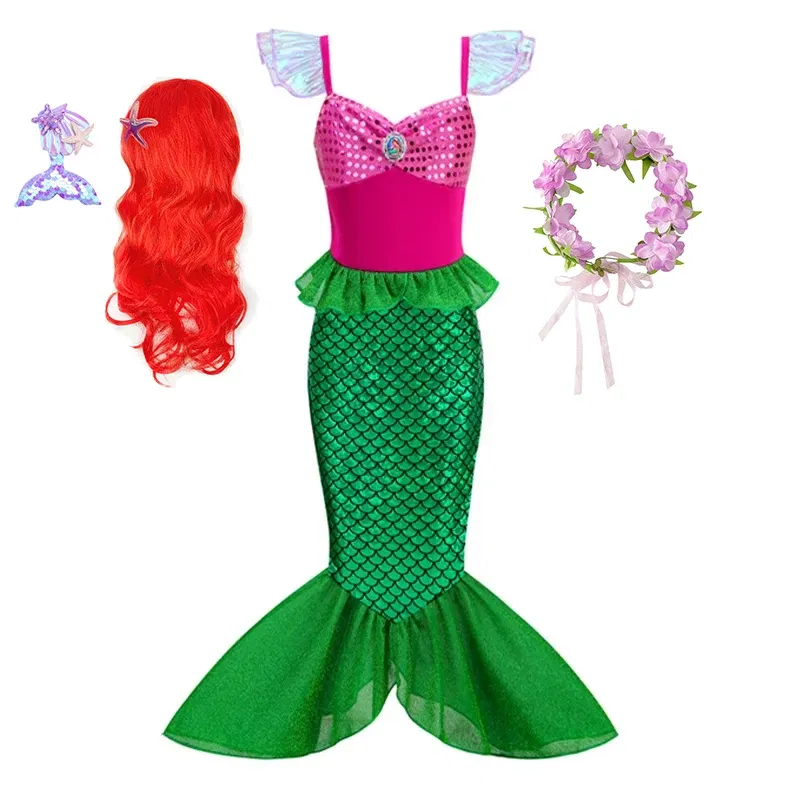 Color: Khaki, Kid Size: 9 - Disney Little Mermaid Ariel Costumes for Girls Princess Dress Cosplay Halloween Carnival Kids Birthday Party Dress Up Clothing