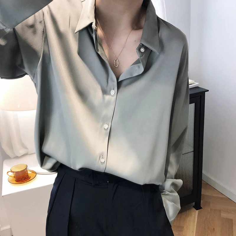 Color: Beige, Size: XXL - All-match Satin Finish Shirts And Blouses Women Clothing Casual Top OL Long Sleeve Button Elegant Shirts French Solid Blouses