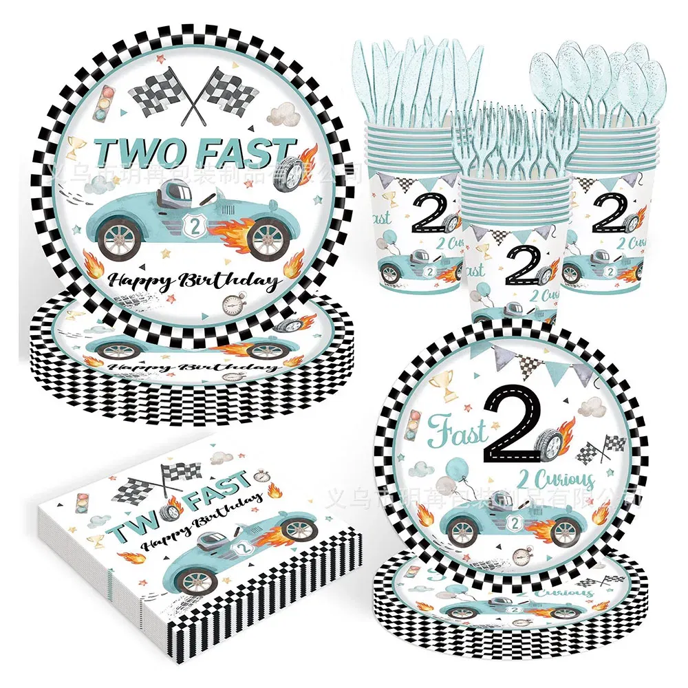 Color: Blue, Capacity: 480ml - Racing Car Disposable Tableware PLates Cups Napkin Tablecloth Two Fast Birthday Party Decorations