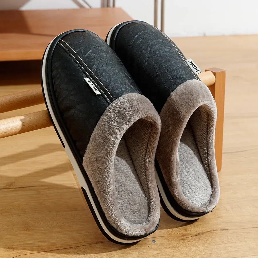 Color: Brown, Shoe Size: 10 - Big Size Winter Casual Men's Slippers Indoor Waterproof PU Leather Home Shoes Fur Flat Warm Fashion Bedroom Houseshoes