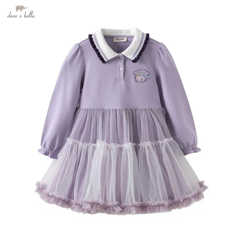 Dave Bella Children's Mesh Princess Dress Spring Sweet Cute Fashion Casual Long Sleeve Girls Baby Dress Party Charm DK1250523