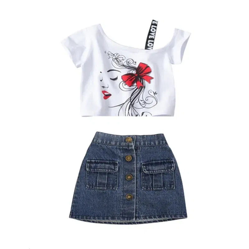 Color: WHITE, Kid Size: 3T - HOT Baby Girl Clothes Girls Clothing Set Fashion Girls Set Print Toddler Girl Tops + Denim Skirts Baby Suit Kids Clothes1