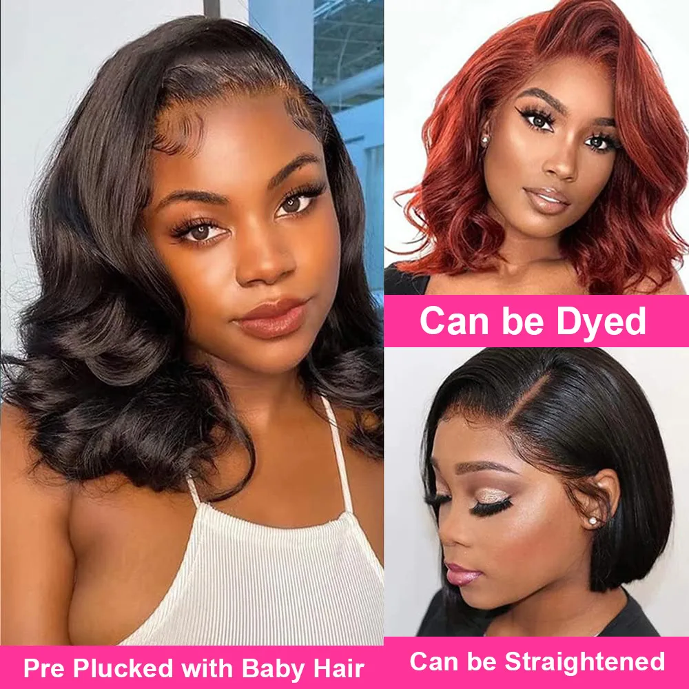 Hair Color: #1B, Ships From: United States, Stretched Length: 14inches, Density: 180% - 7x5 Glueless Ready To Wear And Go Pre plucked 180 Density Body Wave Short Bob Human Hair Wigs 13x4 Lace Frontal Human Hair Wig