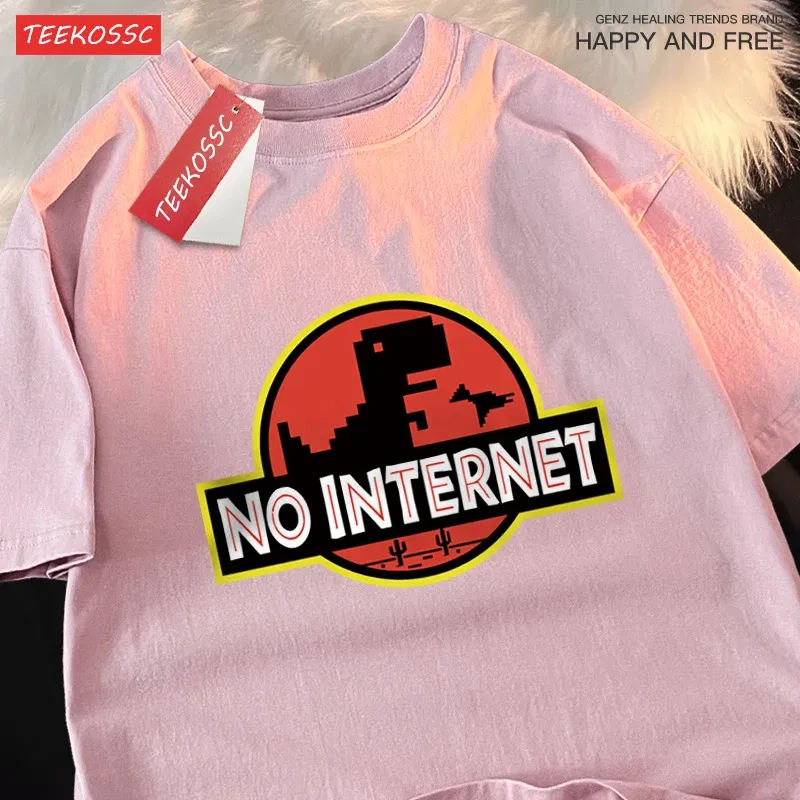Color: WHITE, Size: L - No Internet Fun Little Dinosaur Short Sleeve Mens Cartoons Cotton Tshirt Summer High Quality Clothing Fashion Oversize T-Shirts