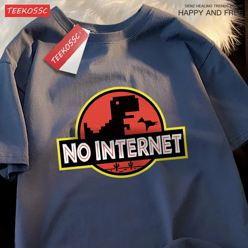 Color: WHITE, Size: L - No Internet Fun Little Dinosaur Short Sleeve Mens Cartoons Cotton Tshirt Summer High Quality Clothing Fashion Oversize T-Shirts