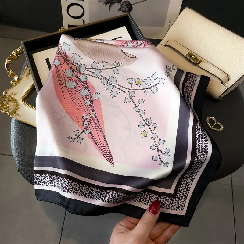 Color: black, Size: One Size - Cat Paw Print 70*70cm Silk Square Scarf Women Soft Satin Foulard Bag Ribbon Female Hairband Neckerchief Hijab Scarfs Headband