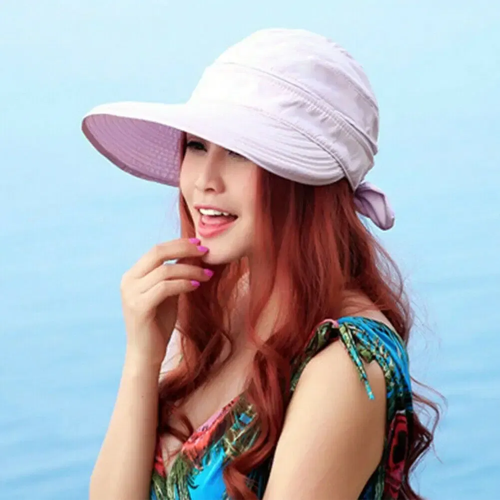 Color: GRAY - Women Ladies Outdoor Cap Anti-UV Summer Visor Sun Hat Wide Brim Beach Hat