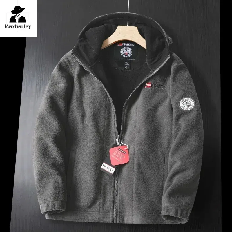 Color: GRAY, Size: S - Winter Wool Jacket Men's High-end Embroidered Thickened Fleece Windproof Jacket Outdoor Snow Cold-proof Men's Warm Hooded Coat