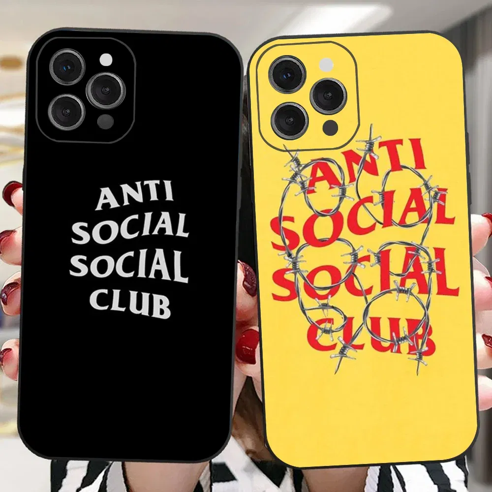 Color: Clear, Material: Microfiber - Anti Social Social Club Phone Case For IPhone 16 15 14 13 Pro Max 11 12 Mini X Xs XR Se 2022 Black Silicone Cover