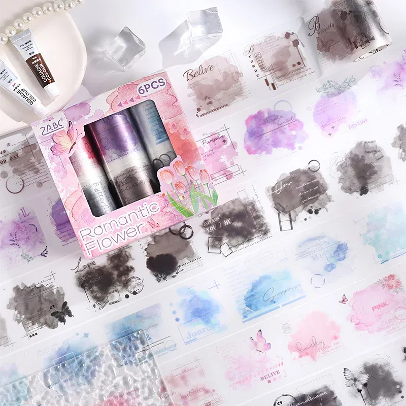 Color: Burgundy - 60mm*2m/ 6Roll Washi Tape INS Stickers Masking Adhesive Creative Decor Scrapbook supplies DIY Diary Planner office stationery