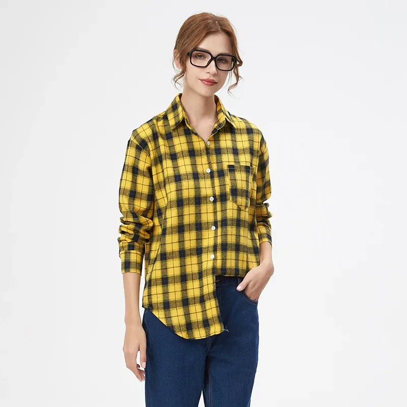 Color: Ginger, Size: S - Fresh Flannel Plaid Shirt Women 2025 New Female Blouses and Tops Cotton Loose Long Sleeve Casual Shirts Fine Women's Clothes