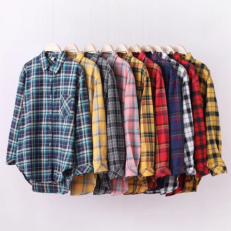 Color: Ginger, Size: S - Fresh Flannel Plaid Shirt Women 2025 New Female Blouses and Tops Cotton Loose Long Sleeve Casual Shirts Fine Women's Clothes