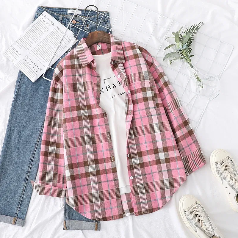 Color: Ginger, Size: S - Fresh Flannel Plaid Shirt Women 2025 New Female Blouses and Tops Cotton Loose Long Sleeve Casual Shirts Fine Women's Clothes