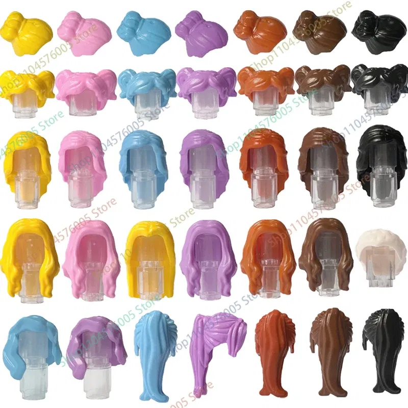 Color: Trans-red - MOC Brown Hair Building Blocks City Figures Body Creative Accessory Blond Gold White Parts DIY Hats Mini Bricks Assemble Toy S04