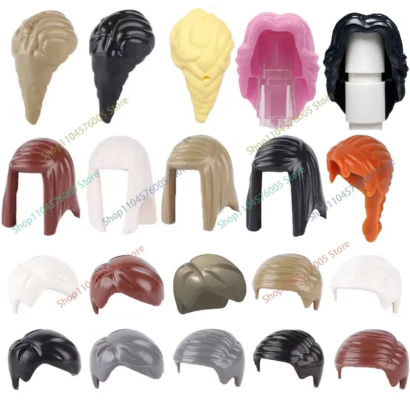 Color: Trans-red - MOC Brown Hair Building Blocks City Figures Body Creative Accessory Blond Gold White Parts DIY Hats Mini Bricks Assemble Toy S04