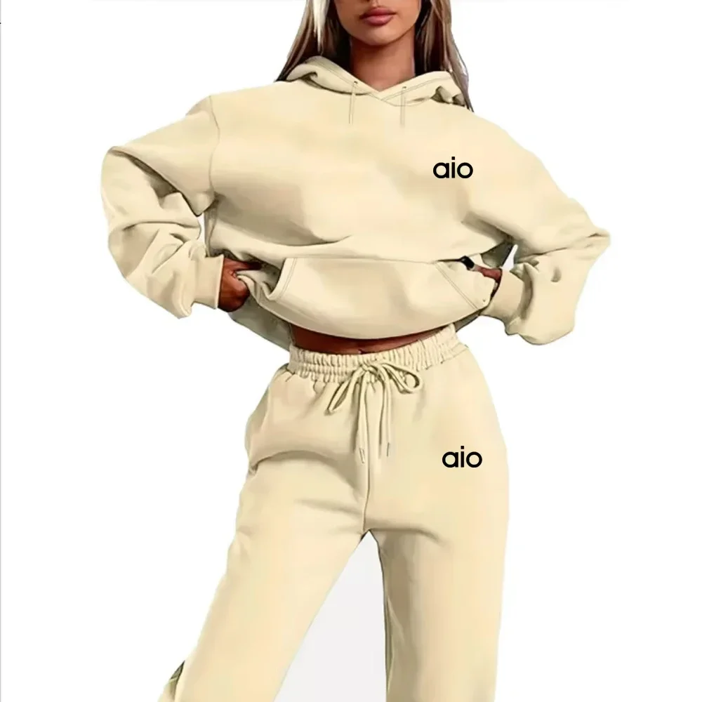 Color: Khaki, Size: L, Ships From: CHINA - 2025 Autumn Winter Women's Sets 2pcs Hoodies Pants Suit Sports Outfits  Letter Print Aesthetic Clothes Ladies Tracksuit