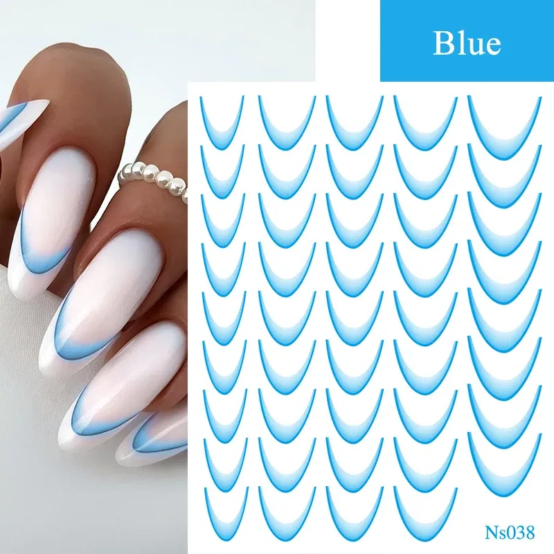 White French 3D Nail Stickers Manicure Gradient Line Flower Nail Art Designs Self-Adhesive Nail Tips Guides for DIY Decoration