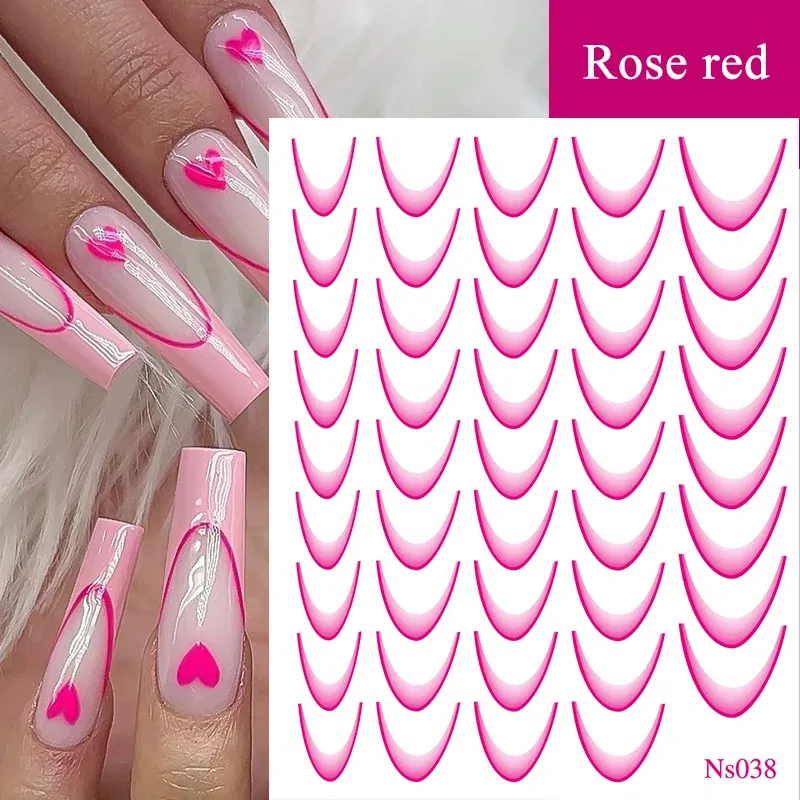 White French 3D Nail Stickers Manicure Gradient Line Flower Nail Art Designs Self-Adhesive Nail Tips Guides for DIY Decoration