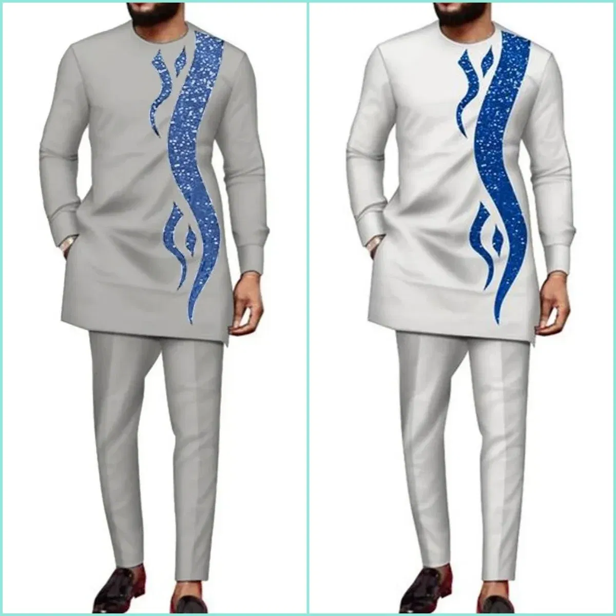 Color: SKY BLUE, Size: M - 2024 New African Traditional Men's Set Elegant and Fashionable Men's Suit Casual Embroidery Two Piece Set Men's Suit Kaftan
