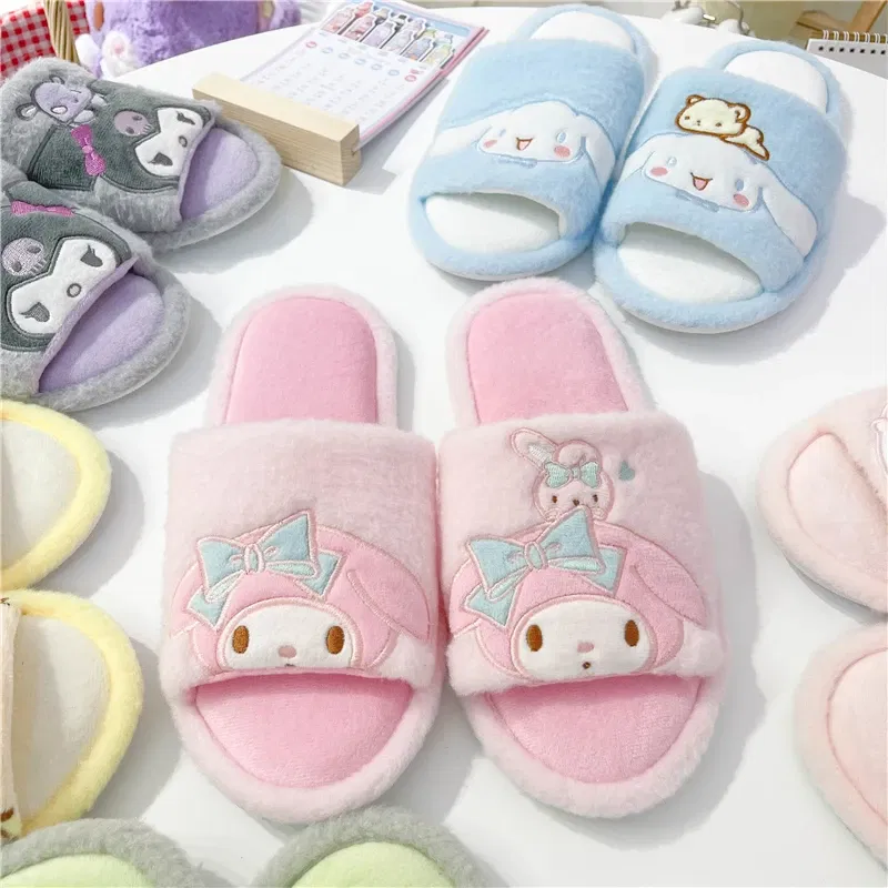 Color: Pink, Shoe Size: 36 - Japanese Anime Slippers Cartoon Open Toe Sweet Girly Indoor Home Plush Shoes Flat Non-slip Casual Girl Spring Autumn Kawaii
