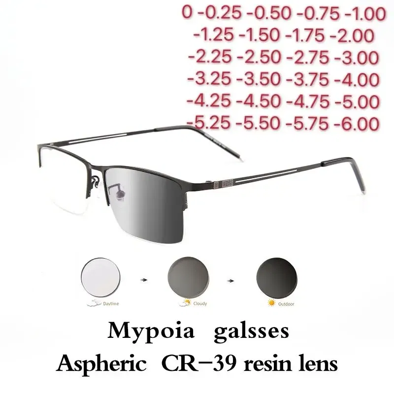 Frame Color: black, Eye Prescription: +125 - Sun Photochromic Finished Myopia Glasses Women Men Metal Half Frame Chameleon Short-sight Eyewear0 -0.5 -0.75 -1.0  To -6.0