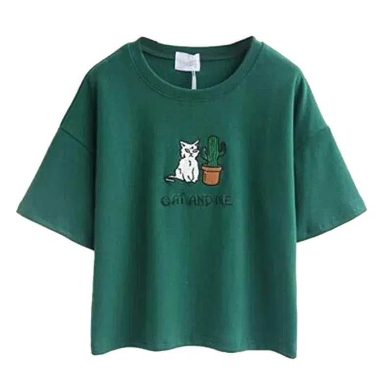 Color: WHITE, Size: M, Ships From: CHINA - 2021 Summer Cotton Short Sleeved Crop Top T-shirt Femme Embroidered Cat T Shirts Cartoon Women Fashion Cactus Top Tee T Shirt