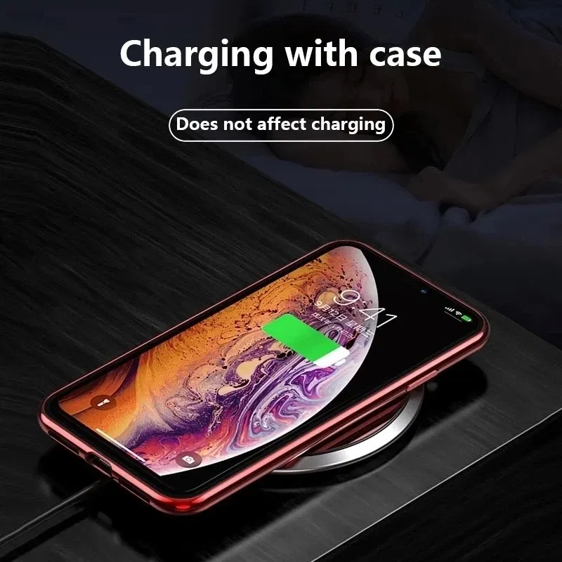 Color: Black, Material: PU - Magnetic Metal Case For iPhone 15 14 13 12 11 Pro 14Pro Max XS X XR 7 8 14Plus 12 Mini SE 2020 Double Sided Tempered Glass Cover