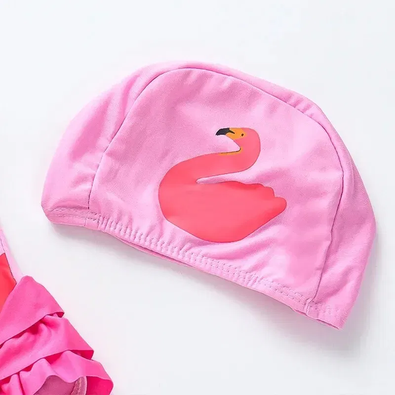 Size: M, Color: Black - Summer Girls Swimsuit Children Korean Cartoon One-piece Children Hot Spring Triangle Set With Swimming Cap