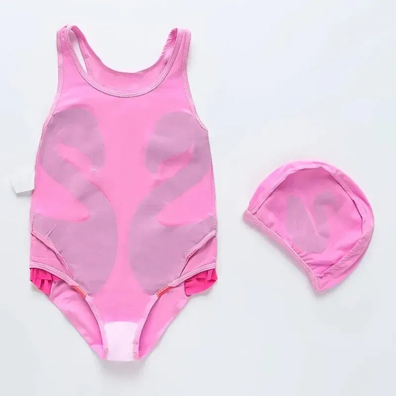 Size: M, Color: Black - Summer Girls Swimsuit Children Korean Cartoon One-piece Children Hot Spring Triangle Set With Swimming Cap