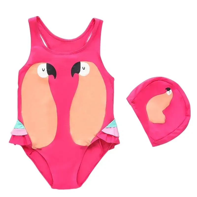 Size: M, Color: Black - Summer Girls Swimsuit Children Korean Cartoon One-piece Children Hot Spring Triangle Set With Swimming Cap