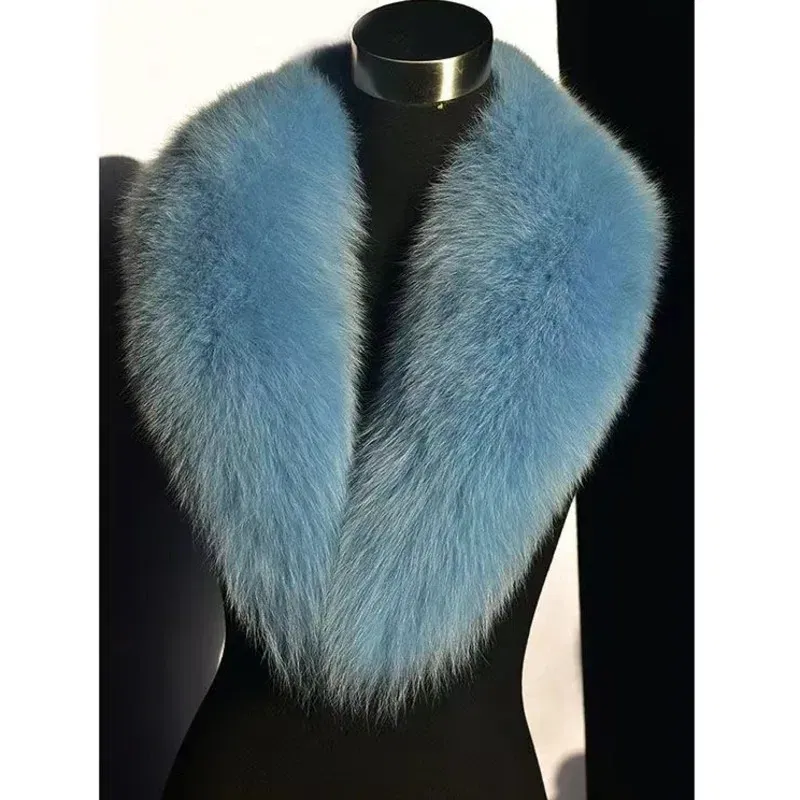 Color: SKY BLUE, Size: S - Winter Real Fox Fur Collar Woman Furry Natural Raccoon Fur Scarf Shawls Luxury Neck Warmer Wraps For Coat Fur Scarves Large Size