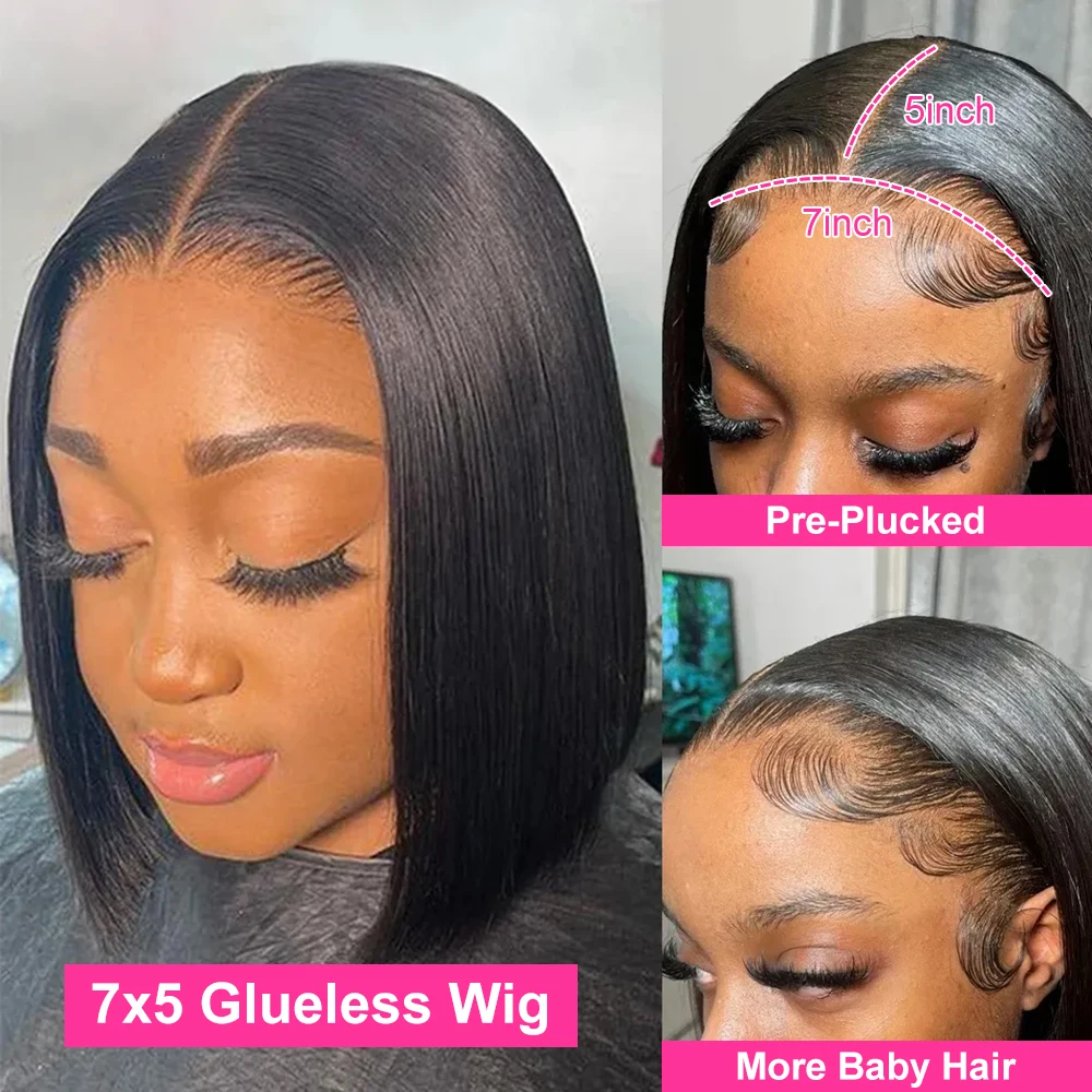 Hair Color: #1, Ships From: CHINA, Stretched Length: 12INCHES, Density: 180% - Wear And Go Glueless Bob Wig Human Hair 7x5 HD Lace Closure Human Hair Pre Plucked  No Glue Pre Cut Ready To Wear Frontal Wig