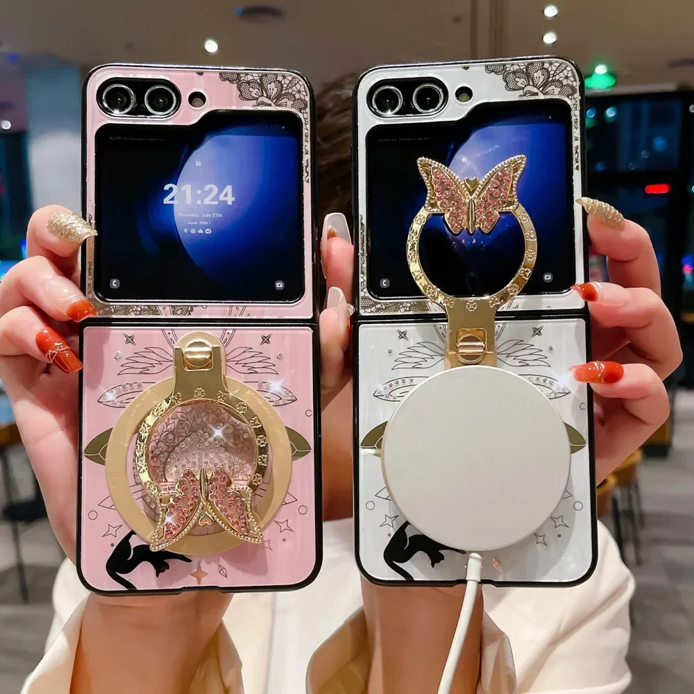 Material: Canvas, Color: Gold - For Samsung Galaxy Z Flip 5 4 3 5G MagSafe Magnetic Phone Case Stand Holder Glitter Bling Diamond 3D Ring Cover For Z Flip5 4 5G