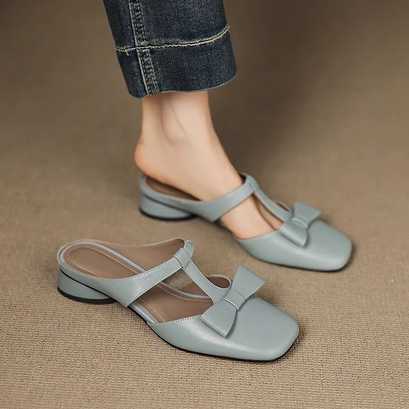 Color: LIGHT BLUE, Shoe Size: 37 - New Spring Summer Butterfly-Knot Patent Leather Pointed Toe Women Slippers Fashion Thin High Heels Mules Shoes Elegant Pumps