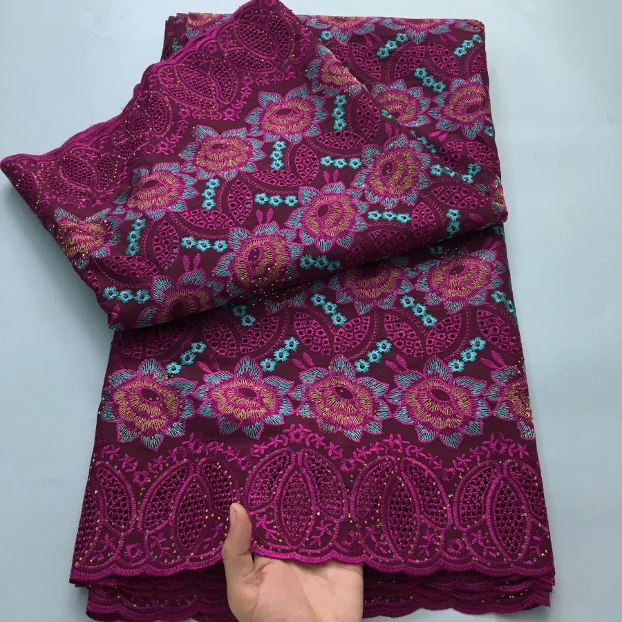Color: RED, length: 5 yards, Width: 120cm - White Swiss Lace Fabric High Quality 5 Yards Embroidered Nigerian Cotton Lace Fabric 2025 African Party Dress for Women A4182