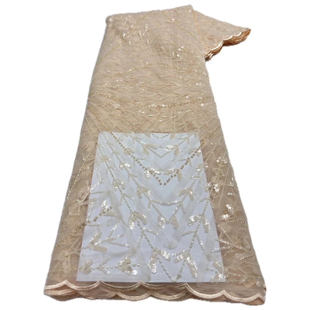Color: BROWN, length: 5 yards, Width: 120cm - Wholesale African Sequins Beads Lace Fabric 2024 High Quality Lace Material French Nigerian Lace Fabrics For Women Party