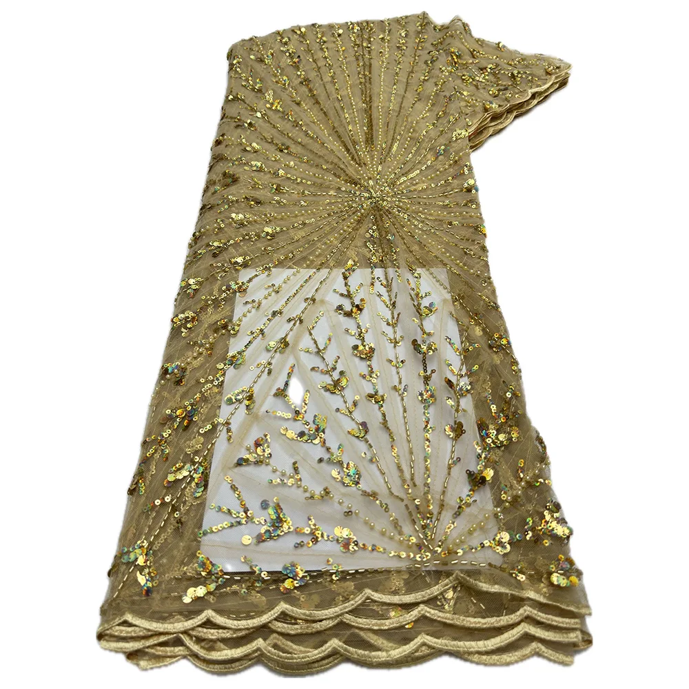 Color: BROWN, length: 5 yards, Width: 120cm - Wholesale African Sequins Beads Lace Fabric 2024 High Quality Lace Material French Nigerian Lace Fabrics For Women Party