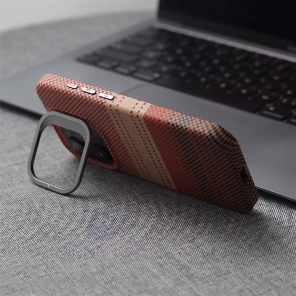Color: Gold, Material: PP - Luxury Magnetic Stand Metal Lens Relief Carbon Fibre Pattern For Magsafe Case For iPhone 15 14 13 Pro Max Shockproof  Back Cover