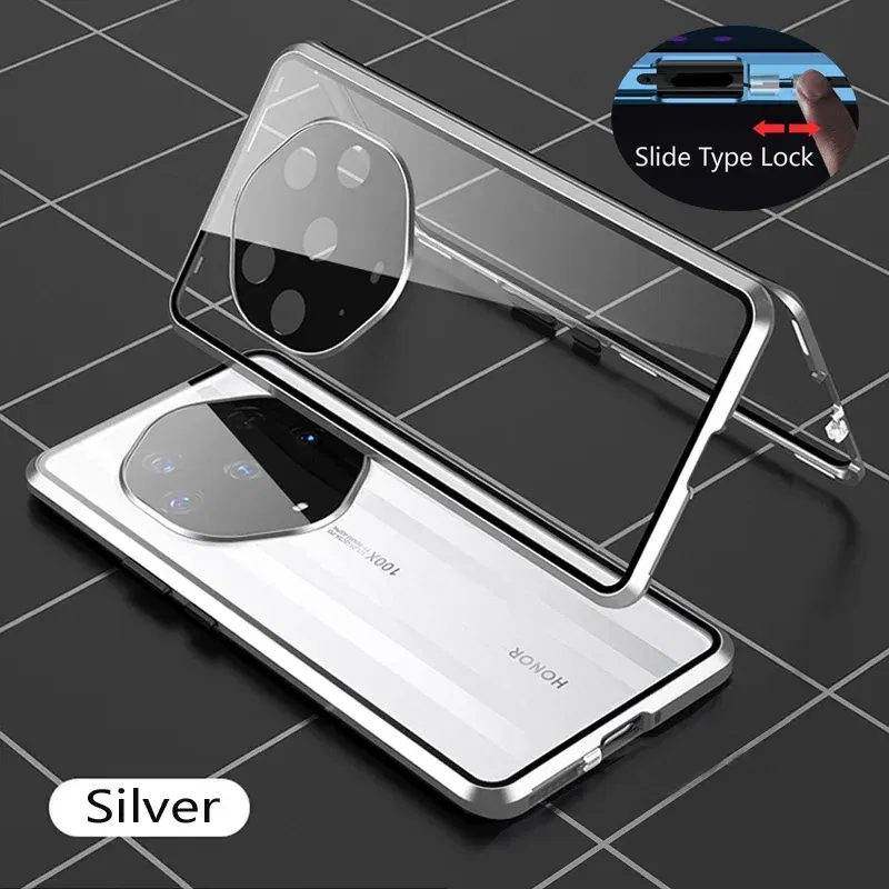 Color: Silver, Material: Microfiber - Double Sided Glass Magnetic Metal Snap Lock Phone Case For Honor Magic 4 5 Ultimate 6 Lite 7 Pro Lens Protection Cover Cases