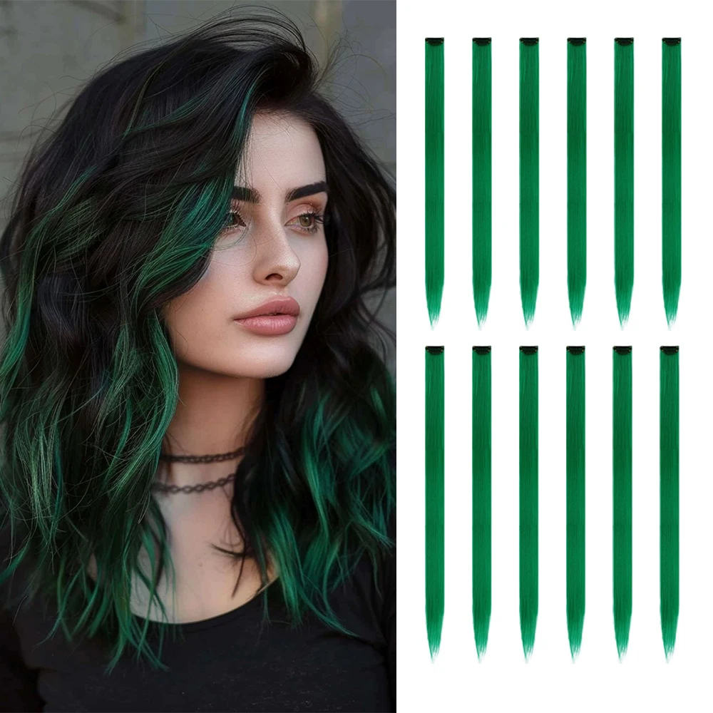 Color: T1B/Green, Stretched Length: 22INCHES - 12-Pack 22" Long Heat Resistant Women's Clip-In Hair Extensions - Durable BB Clip, Natural Look, Trimmable, Easy to Style