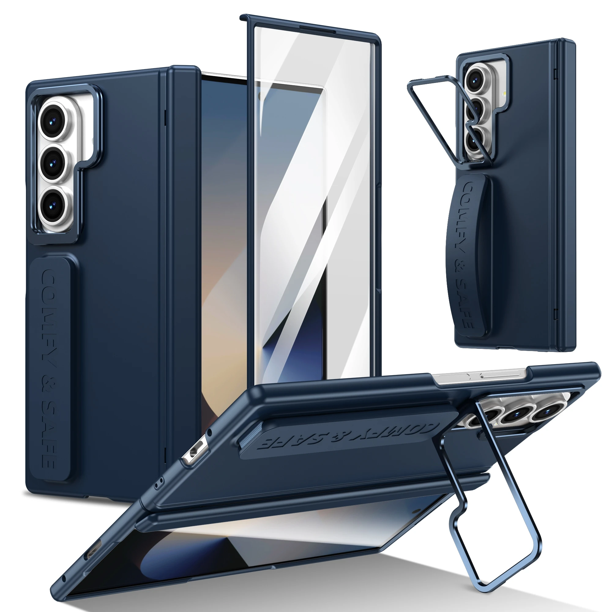 Color: Clear, Material: ABS - For Samsung Galaxy Z Fold 7 6 5 4 3 Wristband Hinge Lens Holder Phone Case Outer Screen Glass Film Protection Shockproof Cover