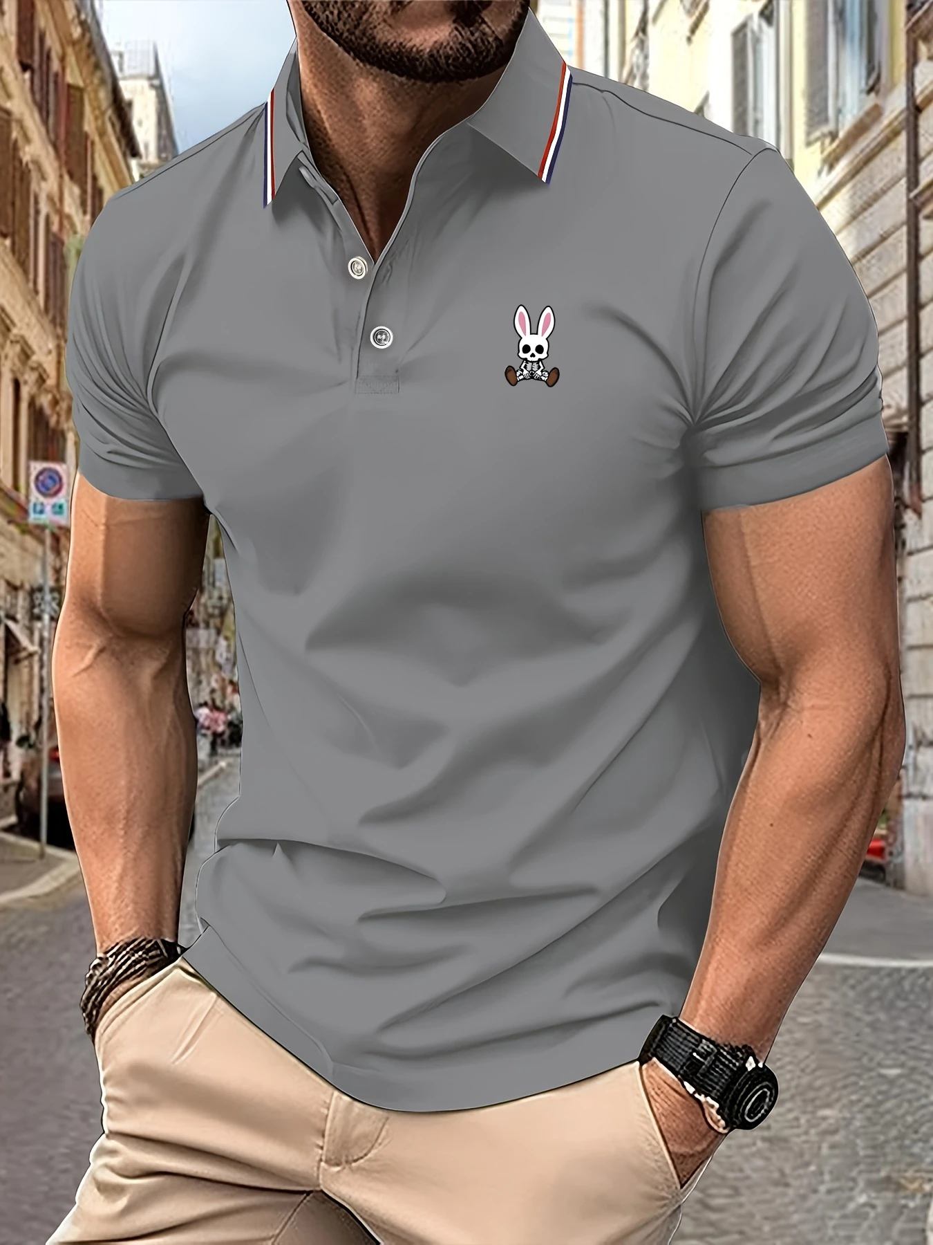 Color: green, Size: XL - Mens Polo Shirts Skulls Rabbit Print 2025 New Summer Lapel Stripes Men Short Sleeve Casual Breathable Light Luxury T-Shirt