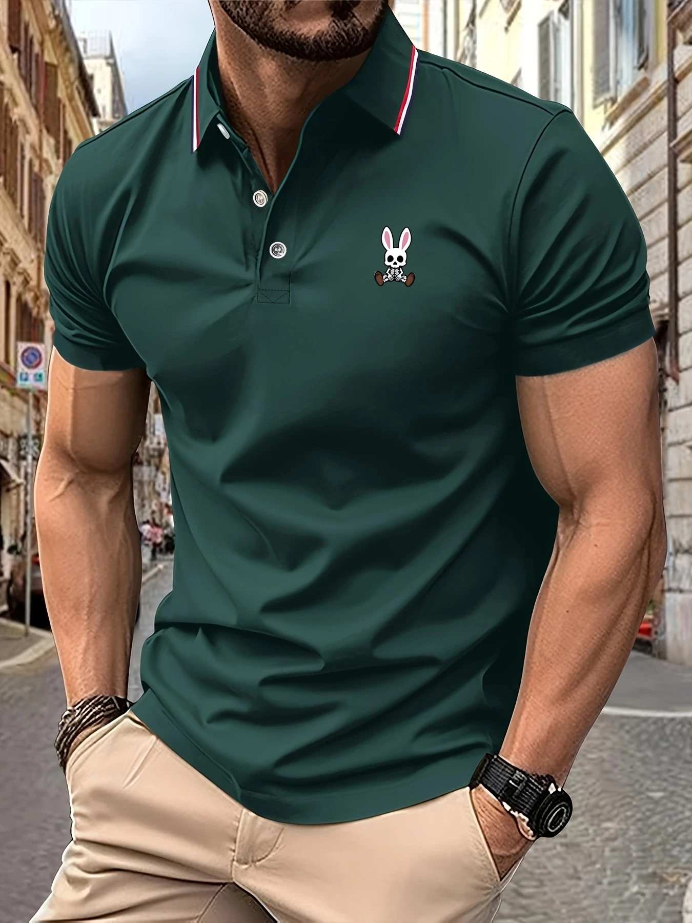 Color: green, Size: XL - Mens Polo Shirts Skulls Rabbit Print 2025 New Summer Lapel Stripes Men Short Sleeve Casual Breathable Light Luxury T-Shirt